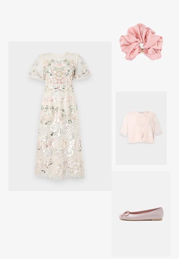 Hellrosa kurz geschnittene Bluse mit halblangen Ärmeln und lockerem, offenem Frontdesign auf einfarbigem Hintergrund.; Kleid aus transparentem, paillettenbesetztem Stoff mit floralen Stickereien in Pastellfarben. Kurze Puffärmel und runder Ausschnitt. Midi-Länge.; Hellrosa Ballerina aus Lackleder mit abgerundeter Spitze, gedrehter Kordelschleife vorne und flacher beiger Sohle auf weißem Hintergrund.; Großer rosa Satin-Haargummi mit glatter, glänzender Textur und kleinem goldfarbenem Ringdetail in der elastischen Mitte.
