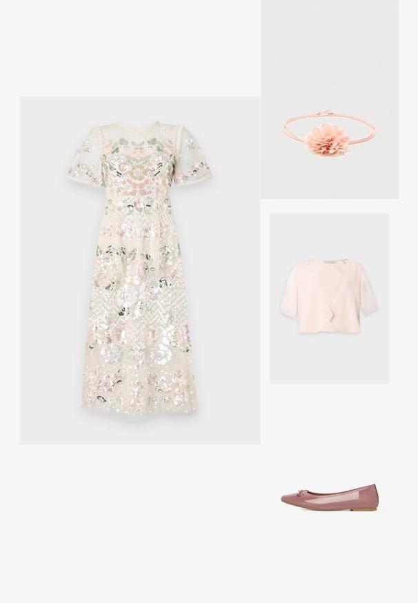 Hellrosa kurz geschnittene Bluse mit halblangen Ärmeln und lockerem, offenem Frontdesign auf einfarbigem Hintergrund.; Kleid aus transparentem, paillettenbesetztem Stoff mit floralen Stickereien in Pastellfarben. Kurze Puffärmel und runder Ausschnitt. Midi-Länge.; Jenny FLATS BALLERINAS - Klassischer Ballerina - pink; Pinkes elastisches Haarband mit einer weichen Stoffblume mit mehrlagigen Blütenblättern in der Mitte vor weißem Hintergrund.