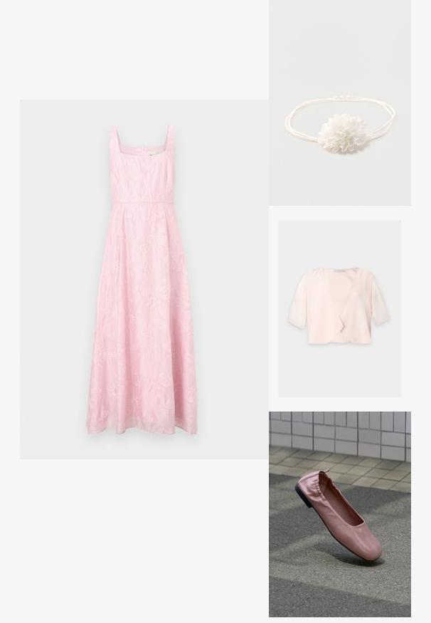 Blouse courte rose clair avec manches trois quarts et un design devant ouvert et ample sur un fond uni.; Robe rose sans manches avec un décolleté carré, ornée de broderies florales et une coupe évasée en ligne A. Fermeture éclair dissimulée au dos.; Chaussure plate en cuir rose avec talon élastiqué flottant au-dessus d’un sol en asphalte gris, mur carrelé en arrière-plan.; Bandeau élastique blanc avec une décoration de fleur en tissu doux centrée sur un fond uni clair.