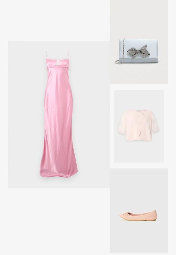 Blouse courte rose clair avec manches trois quarts et un design devant ouvert et ample sur un fond uni.; Longue robe de soirée en satin rose avec fines bretelles et détail structuré au niveau de la poitrine, présentée sur un fond clair uni.; Ballerine en matériau synthétique rose clair avec un bout arrondi, ornée d'un petit nœud et d'une semelle flexible.; Pochette en satin bleu clair avec une chaîne en argent et un grand nœud en strass sur le rabat avant.