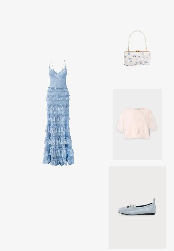 Blusa corta de color rosa claro con mangas hasta el codo y un diseño delantero suelto y abierto sobre un fondo liso.; Vestido maxi azul claro con un corsé ajustado, tirantes finos y volantes en cascada a lo largo de la falda, con patrones texturizados en forma de olas.; Bailarina de cuero azul claro con un pequeño lazo en la parte superior, puntera redondeada, suela negra y lengüeta en el talón.; Clutch rectangular blanca con patrón floral azul y asa con cuentas de perlas, herrajes en tono dorado y cierre con broche.