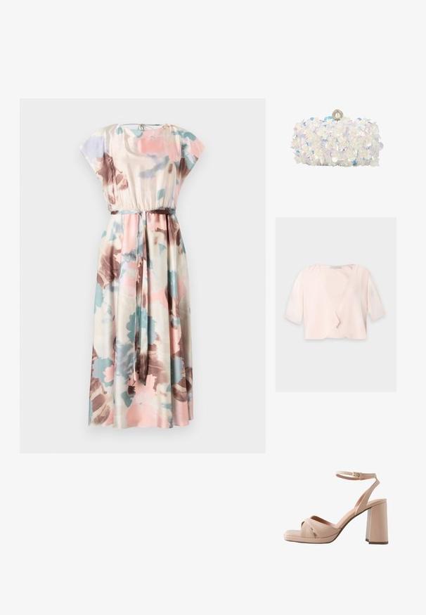 Lyserød cropped bluse med halvlange ærmer og et løst, åbent frontdesign på ensfarvet baggrund.; Maxi kjole med korte cap ærmer, blomster mønstre i pink, blå og brun på creme farvet stof, med en elastisk liv og matchende bælte.; Beige læderhøjhælede sandal med en robust blokhæl, krydsede forremme og en justerbar ankelrem med spænde i guld.; Hvid clutch-taske dækket med iriserende blomsterapplikationer og perleaccents, med perlelås øverst.