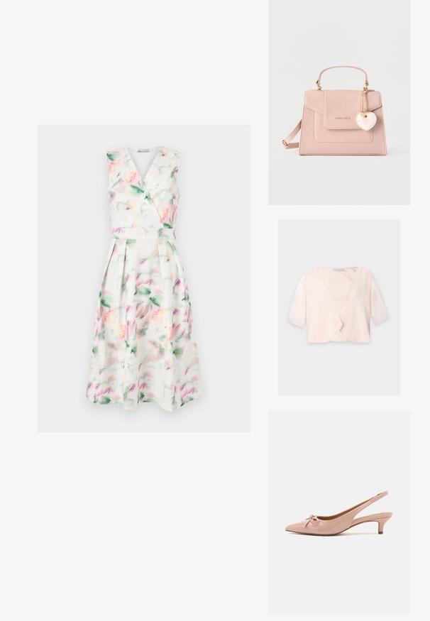 Blouse courte rose clair avec manches trois quarts et un design devant ouvert et ample sur un fond uni.; Robe midi blanche sans manches avec imprimé floral aquarelle pastel, corsage cache-cœur en V, taille cintrée et jupe plissée.; Escarpins à talon slingback en cuir verni rose pâle avec un bout pointu, un détail en nœud à l'avant, et un petit talon. Texture lisse avec une finition brillante.; Sac à main structuré rose avec poignée supérieure, poche à rabat avant, logo doré "Anna Field" et breloque en forme de cœur avec motif floral.