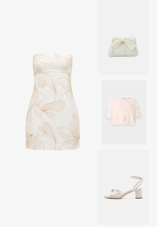 Lyserød cropped bluse med halvlange ærmer og et løst, åbent frontdesign på ensfarvet baggrund.; Strapless kjole i creme med præget blomsterdesign i lys beige. Tætsiddende design, glat tekstur, knælængde klip, og ingen synlige lukninger.; Creme blok-hælede sandal med snoet stropdesign, glat tekstur, justerbar ankelstrop og åben tå.; Hvid plisseret clutch-taske med en fremtrædende sløjfedetalje og en guldkædetras. Blød tekstur med et samlet design på forsiden.