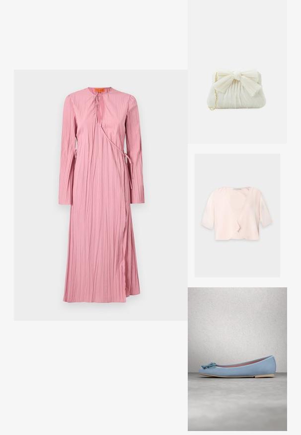 Lyserød cropped bluse med halvlange ærmer og et løst, åbent frontdesign på ensfarvet baggrund.; Langærmet, pink kjole med et textured, plisseret design, udskåret hals og justerbare bånd i taljen for en indpakningsstil.; Lyseblå balletflade med en tekstureret overdel, dekorativ fletdetalje ved tåen og en fleksibel beige sål. Subtil rød foring synlig.; Hvid plisseret clutch-taske med en fremtrædende sløjfedetalje og en guldkædetras. Blød tekstur med et samlet design på forsiden.