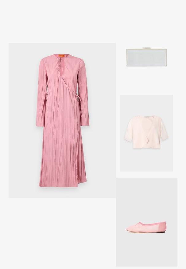 Blouse courte rose clair avec manches trois quarts et un design devant ouvert et ample sur un fond uni.; Robe rose à manches longues, avec un design texturé et plissé, un col en v, et des liens ajustables à la taille pour un style enveloppant.; Ballerine rose en tissu doux, avec un bout pointu et un petit nœud sur le dessus, dotée d'une semelle basse et flexible.; Pochette rectangulaire blanche avec surface texturée, cadre en métal de couleur dorée et fermeture à fermoir. Design simple sans motifs ni accents visibles.