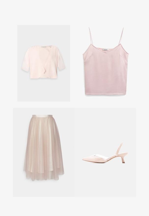 Blouse courte rose clair avec manches trois quarts et un design devant ouvert et ample sur un fond uni.; Haut sans manches rose avec des bretelles fines, décolleté en V, texture douce et deux poches latérales. L'étiquette indique "IVY OAK". Design simple et épuré.; Ida Sjöstedt FLAWLESS SKIRT - Jupe trapèze - warm beige; Escarpin slingback en cuir verni nude avec bout pointu et petit talon incurvé sur un fond clair uni.