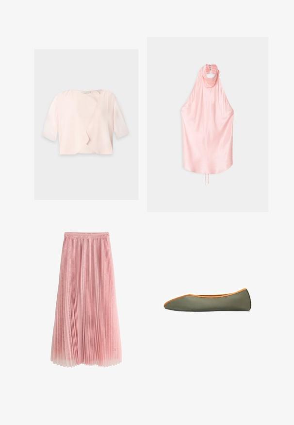 Lichtroze cropped blouse met halflange mouwen en een losse, open voorkant op een effen achtergrond.; Materiel BACKLESS - Blouse - baby pink; Roze geplooide midi-rok met een kanten onderlaag en een geplooide tailleband, getoond op een witte achtergrond.; Groene platte schoen met een gestroomlijnd ontwerp, oranje rand en een zachte textuur. Heeft een afgeronde neus en een flexibele zool.