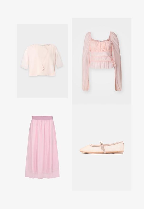 Blouse courte rose clair avec manches trois quarts et un design devant ouvert et ample sur un fond uni.; Blouse rose avec des manches longues en dentelle, un col carré et un ourlet peplum. Présente un band élastique texturé et un tissu lisse.; Jupe en tulle rose avec un design doux et transparent. Elle présente une taille élastique et une silhouette fluide, créant un effet superposé.; Chaussure plate beige clair avec un bout pointu et une bride latérale avec boucle, présentée sur un fond blanc uni.