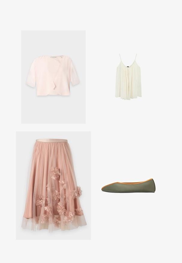Lyserød cropped bluse med halvlange ærmer og et løst, åbent frontdesign på ensfarvet baggrund.; Løs hvid ærmeløs top med tynde stropper og en bindedetalje foran ved halsudskæringen.; Tylskørt i blød lyserød med satinbånd i taljen. Har lag af gennemsigtigt stof og tredimensionelle blomsterapplikationer over det hele.; Grøn flad sko med et strømlinet design, orange kant og en blød tekstur. Har en rund tå og en fleksibel sål.