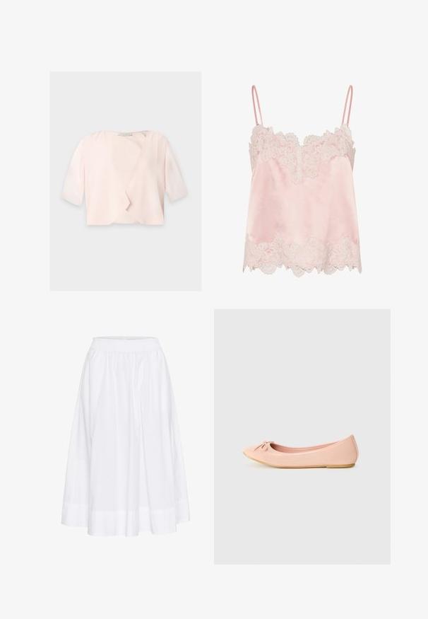 Blouse courte rose clair avec manches trois quarts et un design devant ouvert et ample sur un fond uni.; Caraco en satin rose clair avec bordure en dentelle blanche le long de l'encolure et de l'ourlet, avec fines bretelles réglables.; Jupe blanche mi-longue en tissu léger, dotée d'une taille élastique et d'un design fluide avec une texture subtile.; Ballerine en matériau synthétique rose clair avec un bout arrondi, ornée d'un petit nœud et d'une semelle flexible.