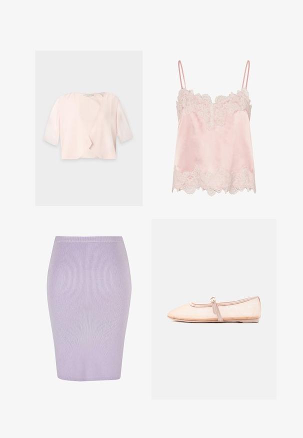 Blouse courte rose clair avec manches trois quarts et un design devant ouvert et ample sur un fond uni.; Caraco en satin rose clair avec bordure en dentelle blanche le long de l'encolure et de l'ourlet, avec fines bretelles réglables.; Jupe crayon côtelée en violet clair avec un design ajusté. Présente une taille haute, une texture lisse et une coupe au niveau des genoux.; Chaussure plate beige clair avec un bout pointu et une bride latérale avec boucle, présentée sur un fond blanc uni.