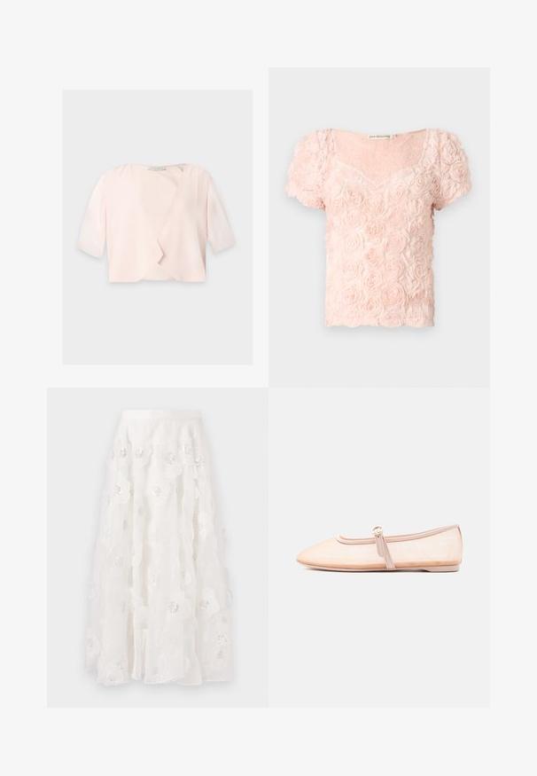 Lyserød cropped bluse med halvlange ærmer og et løst, åbent frontdesign på ensfarvet baggrund.; Lyserød kortærmet bluse med 3D blomstermønster af roser og en rundet V-udskæring på ensfarvet baggrund.; Hvid, knælang nederdel med blomsterbroderi og sølvfarvede perler. Letvægts, flydende stof med rynkede lag og en tætsiddende talje.; Lys beige flad sko med spidst tåparti og en enkelt rem med spænde på siden, vist på en ensfarvet hvid baggrund.