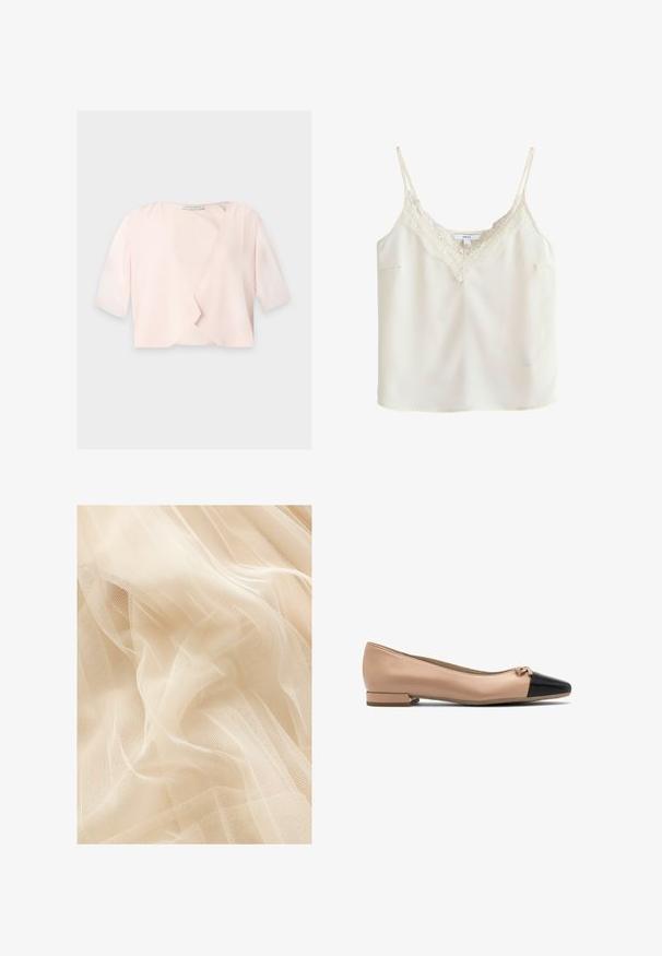 Blusa corta de color rosa claro con mangas hasta el codo y un diseño delantero suelto y abierto sobre un fondo liso.; Camisola sin mangas color crema con tirantes finos y ribete de encaje a lo largo del escote en V, mostrada sobre un fondo liso.; Tela de tul color beige claro con una textura suave y transparente, que presenta un tejido de malla fina que crea suaves ondas y pliegues.; Bailarina de cuero beige con puntera negra y pequeño lazo en la parte delantera, con un tacón bajo para mayor comodidad.