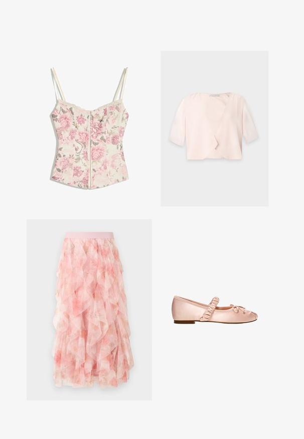 Lichtroze cropped blouse met halflange mouwen en een losse, open voorkant op een effen achtergrond.; Bloemen corsetstijl top met roze bloemen en groene bladeren op crèmekleurige achtergrond, dunne crèmekleurige bandjes en kanten rand langs de halslijn.; Roze midi rok van gelaagde tule met bloemenpatroon en elastische tailleband, voorzien van zachte gerimpelde texturen.; Enkele lichtroze satijnen ballerinaschoen met geplooide elastische band en klein decoratief strikje op een witte achtergrond.