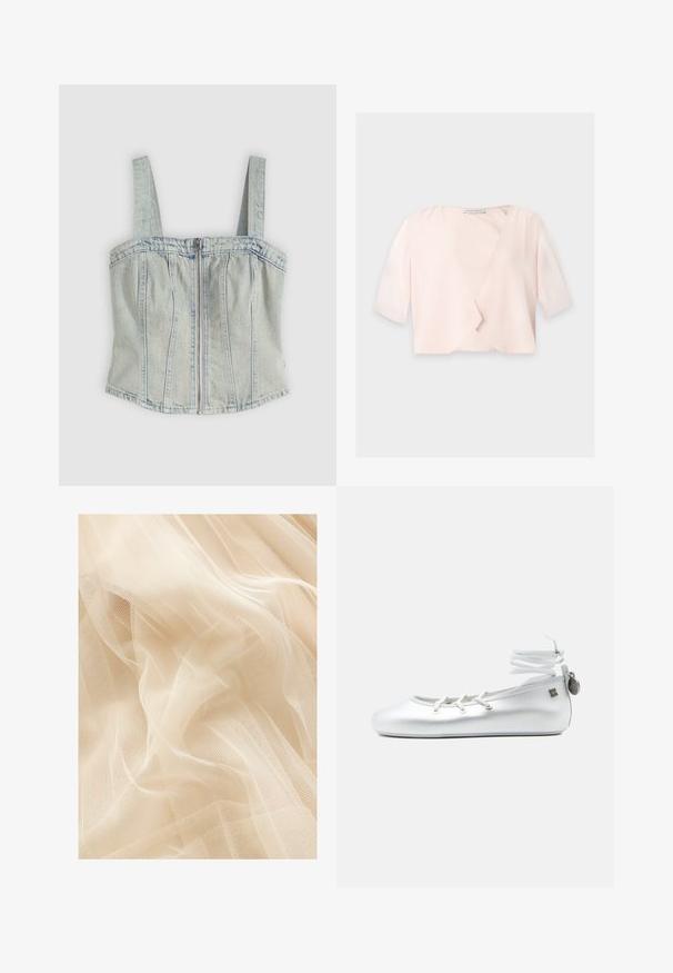 Lyserød cropped bluse med halvlange ærmer og et løst, åbent frontdesign på ensfarvet baggrund.; Lyseblå denim korsett-top med brede stropper, lynlåslukning foran, lodrette sømdetaljer og en lige kant.; Lys beige tylstof med en blød, gennemsigtig tekstur, der har et fint netvæv, som skaber bløde bølger og folder.; Hvid balletflad sko med bindebånd rundt om anklen, snørret front og lille metalmærke fastgjort til hælstrop, vist på en ensfarvet baggrund.