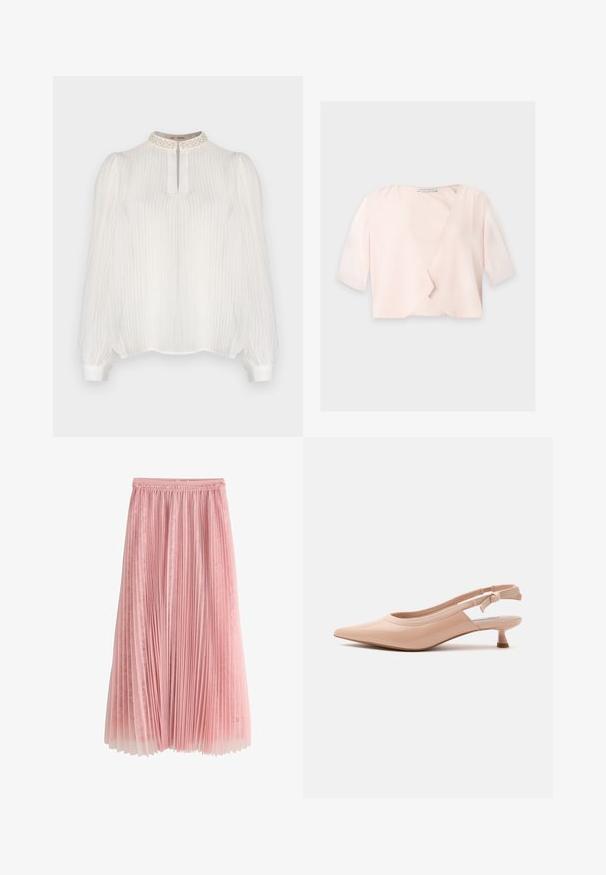 Lyserød cropped bluse med halvlange ærmer og et løst, åbent frontdesign på ensfarvet baggrund.; Hvid bluse med lodrette striber, høj halsudskæring prydet med strukturerede detaljer og lange puffede ærmer, der ender i tætsiddende manchetter.; Rosa plisseret midi-nederdel med et lag af blonder under og en rynket talje, vist på en hvid baggrund.; Beige laklæderspids slingback-sko med lav kittenhæl og elastisk rem med subtil branding.