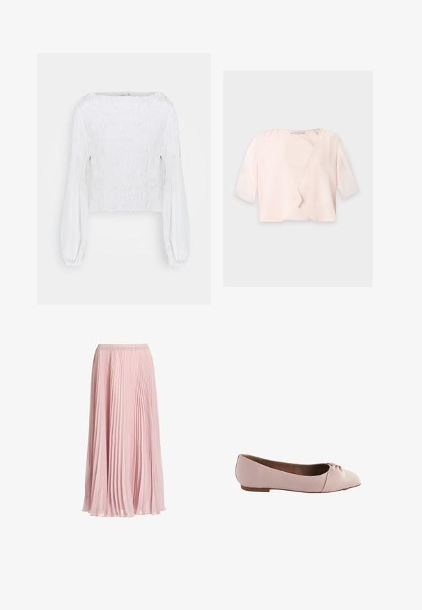 Lichtroze cropped blouse met halflange mouwen en een losse, open voorkant op een effen achtergrond.; Witte blouse met lange mouwen, een geplooid lijfje en pofmouwen die bij de polsen zijn samengepakt, afgebeeld op een effen achtergrond.; Middellange, lichtroze geplooide rok met elastische tailleband, gemaakt van vloeiende, lichte stof.; Lichtroze balletflat gemaakt van glad materiaal, met een ronde neus en een klein geknoopt detail op de bovenkant. Platte zool.