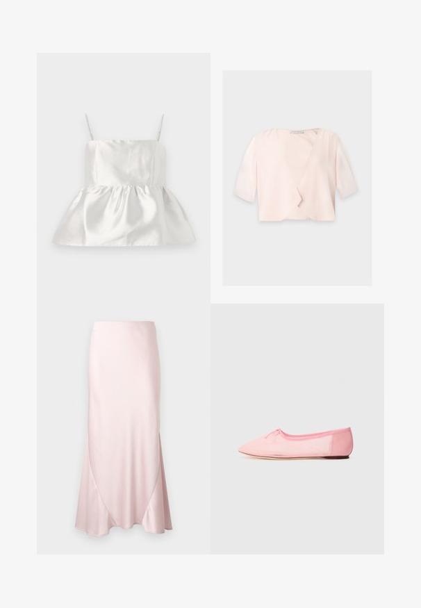 Blusa corta de color rosa claro con mangas hasta el codo y un diseño delantero suelto y abierto sobre un fondo liso.; Top de satén blanco con tirantes finos y un corsé ajustado que se ensancha en un dobladillo de peplum fruncido, textura suave con un ligero brillo.; Falda midi de satén color rosa claro con una silueta en línea A y sutiles detalles de costuras diagonales sobre un fondo liso.; Bailarina rosa hecha de tejido suave, con punta afilada y un pequeño lazo en la parte superior, además de una suela baja y flexible.