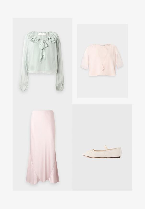 Lichtroze cropped blouse met halflange mouwen en een losse, open voorkant op een effen achtergrond.; Lichtgroene blouse met een gerimpelde halslijn, strikdetail en lange mouwen. Gemaakt van zachte, vloeiende stof met gerimpelde manchetten.; Lichtroze satijnen midi-rok met een A-lijn silhouet en subtiele diagonale naaddetails op een effen achtergrond.; Ballerina's met een lichte beige suède bovenwerk, een puntige neus en een dunne elastische band over de wreef. Platte zool met een minimale rubberen accent.