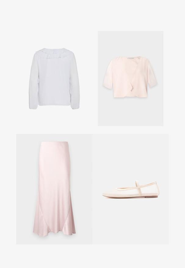 Blouse courte rose clair avec manches trois quarts et un design devant ouvert et ample sur un fond uni.; Blouse blanche à manches longues avec un col à volants, texture lisse et poignets élastiqués. Design simple et épuré, adapté à diverses occasions.; Jupe midi en satin rose clair avec une silhouette évasée en A et des détails subtils de coutures diagonales sur un fond uni.; Ballerines avec une tige en mesh beige transparent et une bride en satin, dotées d'un bout arrondi et d'une semelle basse marron. Design léger et flexible.