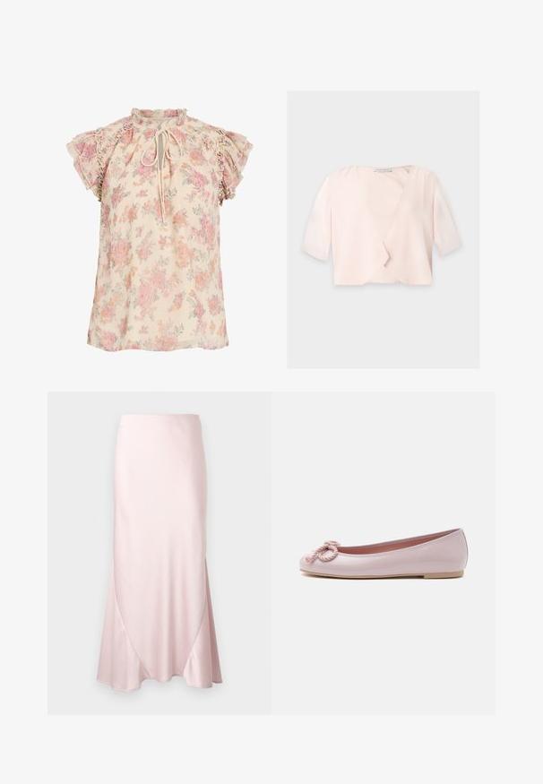 Blouse courte rose clair avec manches trois quarts et un design devant ouvert et ample sur un fond uni.; Blouse fleurie crème avec des fleurs roses et orange, manches courtes à volants et un lien à nouer au niveau de l'encolure.; Jupe midi en satin rose clair avec une silhouette évasée en A et des détails subtils de coutures diagonales sur un fond uni.; Ballerine en cuir verni rose clair avec bout arrondi, nœud en corde torsadée sur le devant et semelle basse beige sur fond blanc.