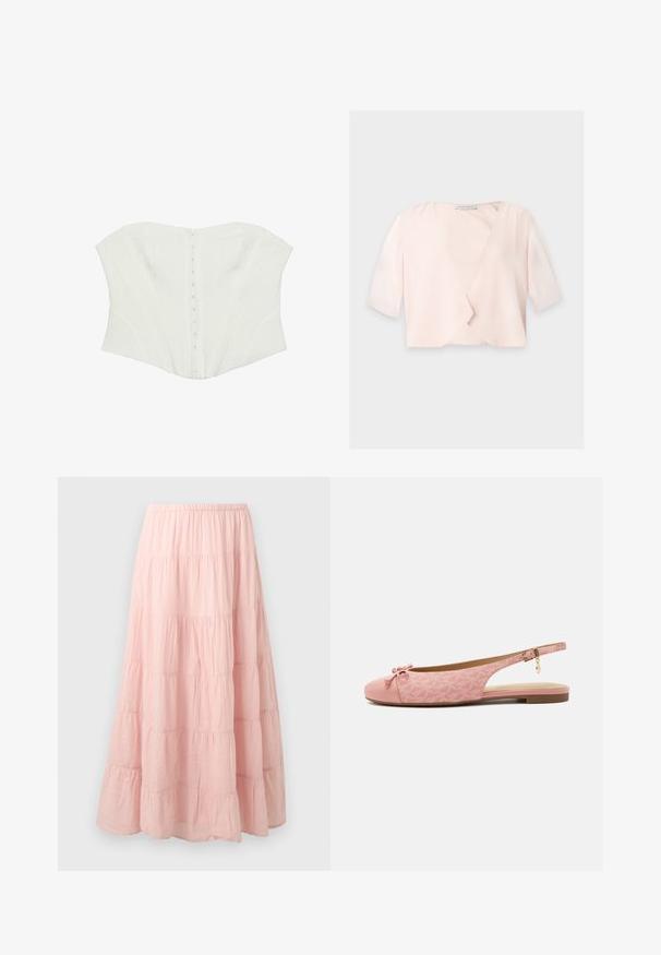 Blouse courte rose clair avec manches trois quarts et un design devant ouvert et ample sur un fond uni.; Corset blanc sans bretelles avec fermetures à agrafes devant et coutures structurées pour le modelage.; Jupe longue à volants rose clair avec une ceinture élastique et une texture de tissu légèrement froissé.; Chaussure slingback plate rose avec tissu texturé, nœud sur l’orteil arrondi, bride de cheville avec boucle dorée et breloque, et semelle basse marron.