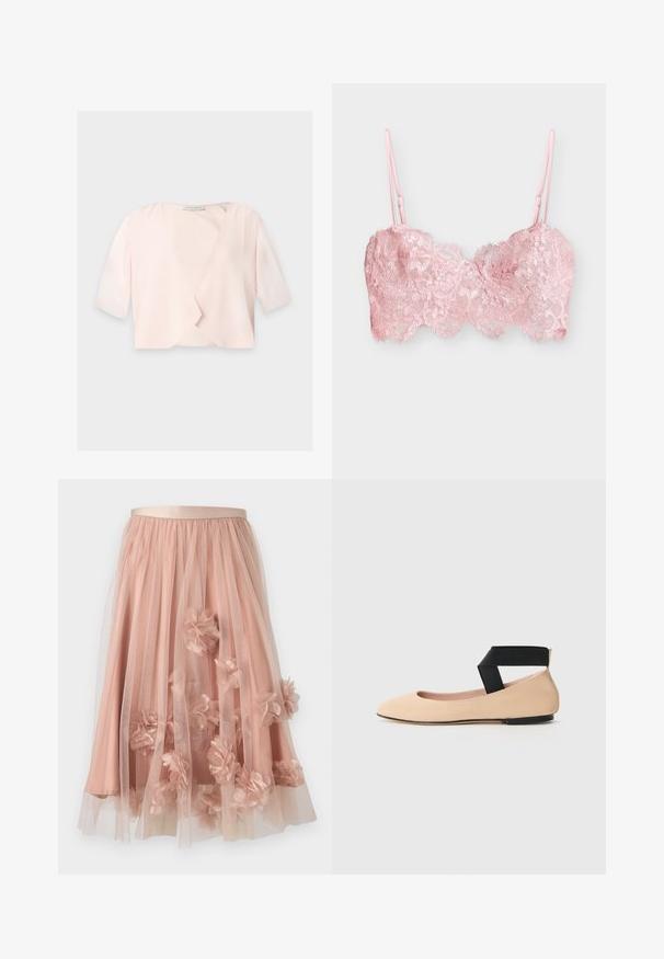 Lichtroze cropped blouse met halflange mouwen en een losse, open voorkant op een effen achtergrond.; Zachte roze kanten bralette met bloemenpatronen en verstelbare dunne schouderbandjes op een effen lichte achtergrond.; Tule rok in zachtroze met een satijnen tailleband. Voorzien van gelaagde doorschijnende stof en driedimensionale bloemapplicaties verspreid over het geheel.; Beige leren balletschoenen met een spitse neus en een zwarte band rond de enkel, met een gladde textuur en een minimalistisch ontwerp.