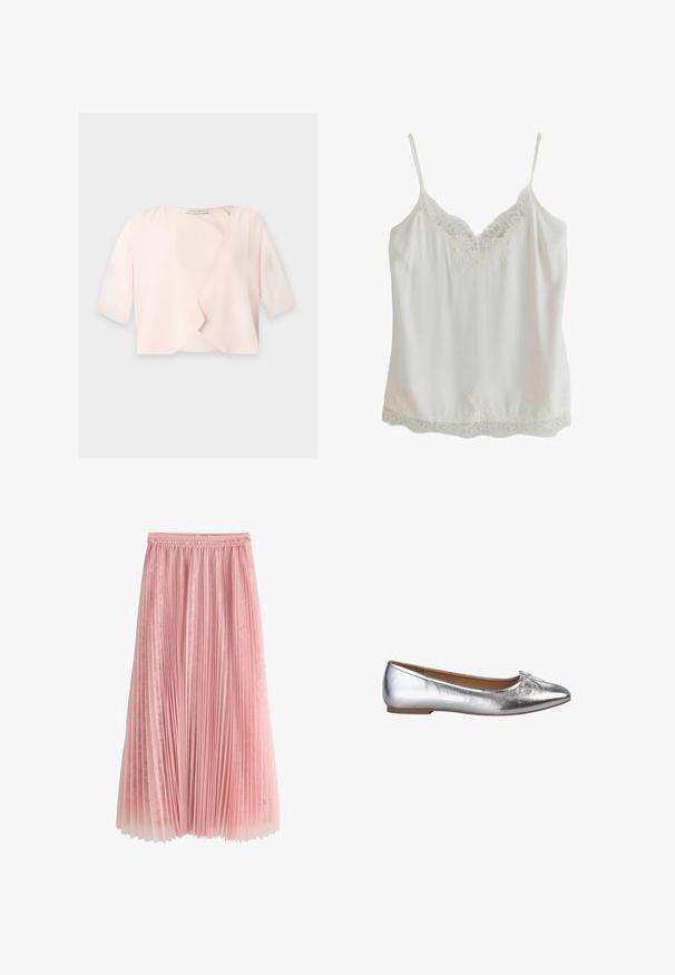 Lichtroze cropped blouse met halflange mouwen en een losse, open voorkant op een effen achtergrond.; Witte mouwloze top met dunne bandjes en kanten rand aan hals en zoom, gemaakt van gladde stof.; Roze geplooide midi-rok met een kanten onderlaag en een geplooide tailleband, getoond op een witte achtergrond.; Zilveren ballet flats met een metallic afwerking, spitse neus en een klein strikdetail aan de voorkant. Platte zool met een lichtbruine binnenkant.