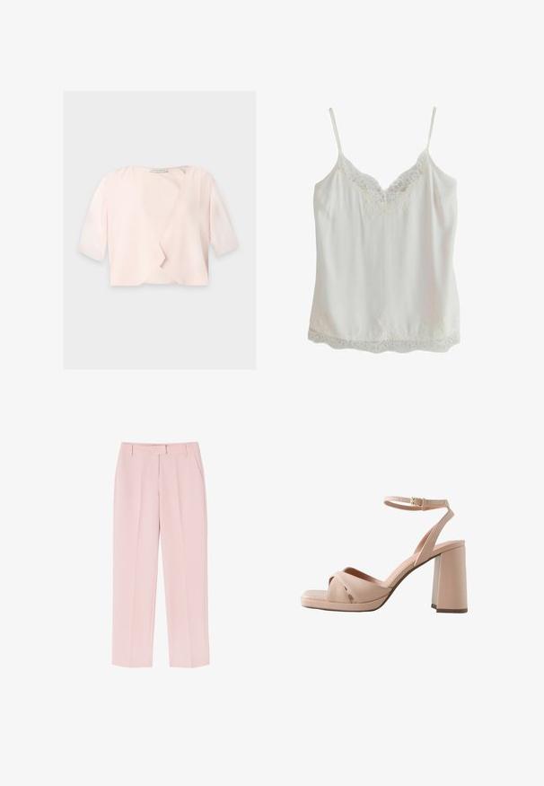 Lyserød cropped bluse med halvlange ærmer og et løst, åbent frontdesign på ensfarvet baggrund.; Hvid ærmeløs camisole med tynde stropper og blondekant på udskæringen og kanten, lavet af glat stof.; Lyserøde bukser med skræddersyet design, der har to sidelommer, en glat tekstur og folder foran for ekstra detalje.; Beige læderhøjhælede sandal med en robust blokhæl, krydsede forremme og en justerbar ankelrem med spænde i guld.