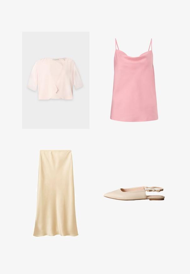Blouse courte rose clair avec manches trois quarts et un design devant ouvert et ample sur un fond uni.; Camisole en satin rose avec des fines bretelles réglables, un décolleté arrondi et une coupe ample, présentant une texture lisse et douce.; Jupe midi en satin de couleur beige clair. Texture lisse, design fluide avec un ourlet légèrement évasé. Pas de fermetures ou d'ornements visibles.; Chaussure plate beige avec un bout pointu et un talon ouvert, équipée d'une bride arrière réglable et d'un petit talon.