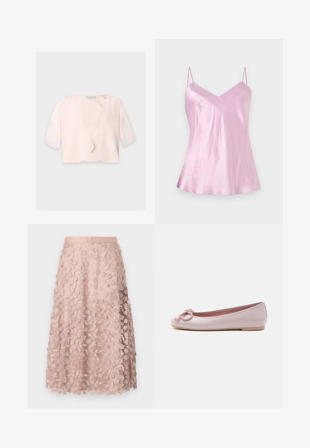Lichtroze cropped blouse met halflange mouwen en een losse, open voorkant op een effen achtergrond.; Lichtroze satijnen hemdje met dunne verstelbare spaghetti bandjes en een lichte V-hals, weergegeven tegen een effen witte achtergrond.; Lace midi-rok in zacht roze met bloemborduursels, voorzien van een aansluitende tailleband en gelaagd ontwerp, wat een delicate textuur benadrukt.; Lichtroze lakleren ballerina met afgeronde neus, gedraaide koordstrik aan de voorkant en lage beige zool op een witte achtergrond.