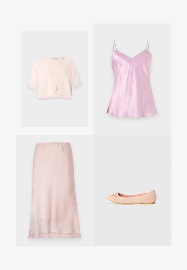 Hellrosa kurz geschnittene Bluse mit halblangen Ärmeln und lockerem, offenem Frontdesign auf einfarbigem Hintergrund.; Hellrosa Satin-Camisole mit dünnen, verstellbaren Spaghettiträgern und leichtem V-Ausschnitt, vor einem schlichten weißen Hintergrund gezeigt.; Helle rosa Satin-Midischürze mit elastischem Bund und mehrlagigem Saumdetail, präsentiert auf einem schlichten weißen Hintergrund.; Ballerina-Schuh aus leichtem, synthetischem Material in Hellrosa mit runder Zehenform, ausgestattet mit einem kleinen Schleifendetail und einer flexiblen Sohle.