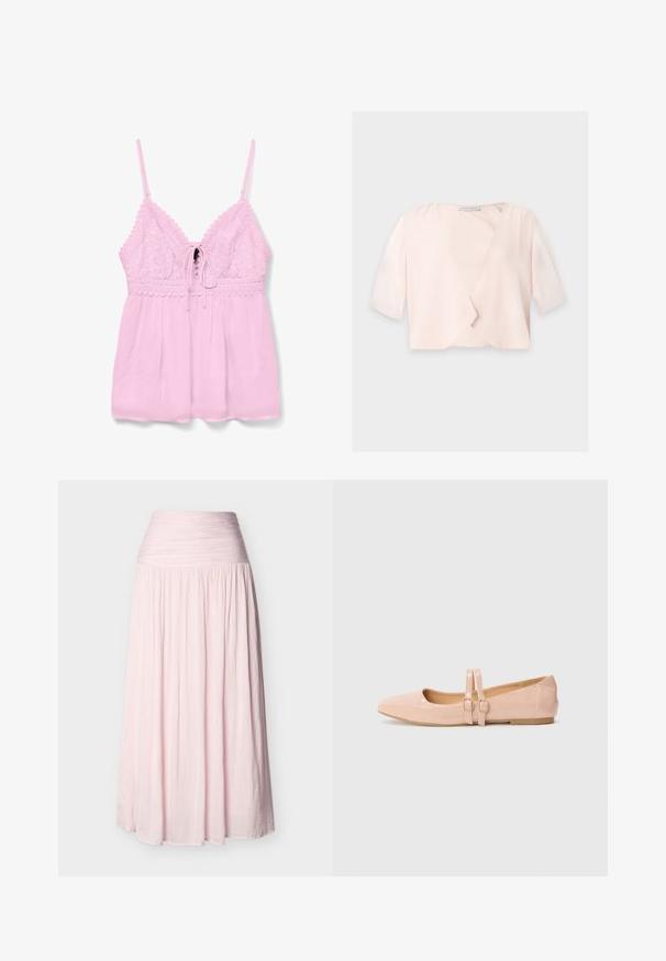 Lyserød cropped bluse med halvlange ærmer og et løst, åbent frontdesign på ensfarvet baggrund.; Lyserød camisole med blonderdetaljer, justerbare stropper, en knaplukning foran og en samlede design for en løs pasform.; Maxi-nederdel i lyserød med høj talje, rynket taljebånd og flydende, plisseret stof, der går helt ned til gulvet.; Sart rosa patentlæder balletflade med spids tå, der har to justerbare remme og en lav, flad gummisål.
