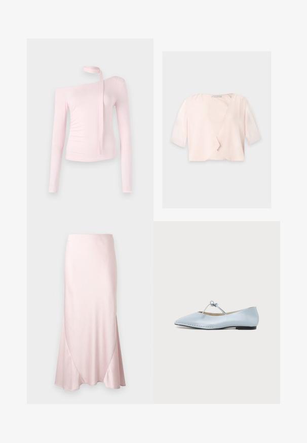 Lyserød cropped bluse med halvlange ærmer og et løst, åbent frontdesign på ensfarvet baggrund.; Lyserød langærmet top med off-shoulder-design, der har en bundet detalje ved halsen og en tætsiddende tekstur, der fremhæver silhuetten.; Lyserød satin midi-nederdel med A-formet silhuet og fine diagonale sømdetaljer på en ensfarvet baggrund.; Lyseblå flad sko med spids tå, tynd bundet rem over toppen og en lille sort hæl.