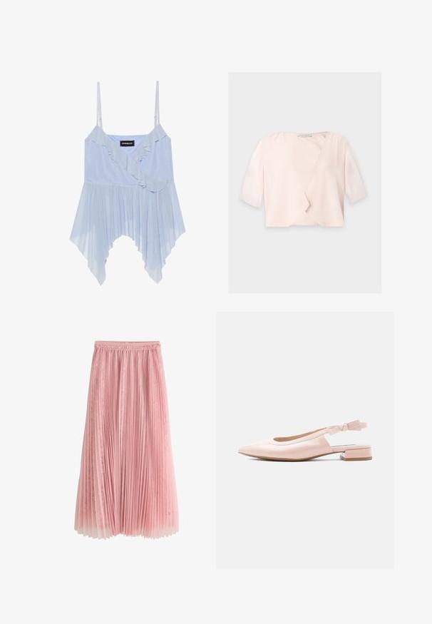 Lyserød cropped bluse med halvlange ærmer og et løst, åbent frontdesign på ensfarvet baggrund.; Even&Odd Top - sky blue; Rosa plisseret midi-nederdel med et lag af blonder under og en rynket talje, vist på en hvid baggrund.; Skinnende bleg rosa slingback flad sko med lav blokhæl og mærkejusterbar rem på lys baggrund.