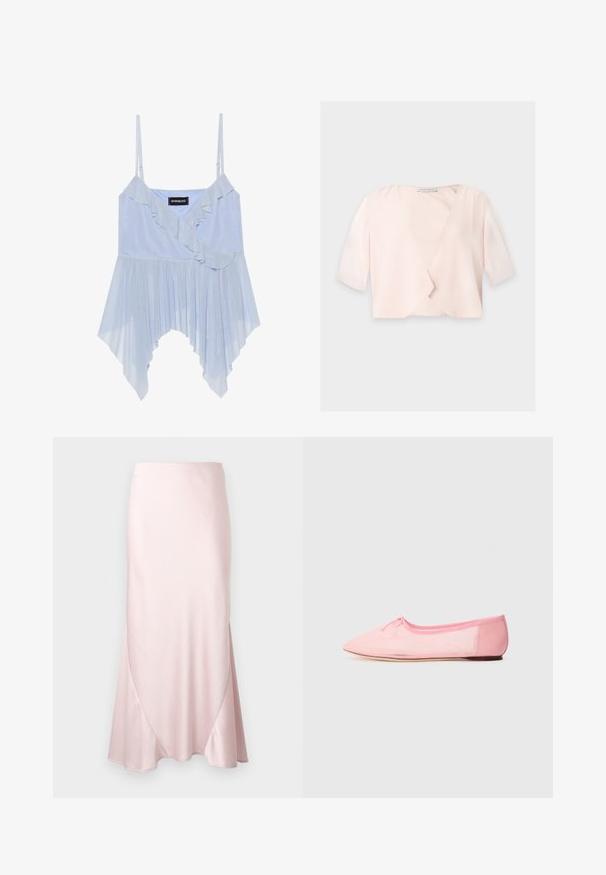 Lichtroze cropped blouse met halflange mouwen en een losse, open voorkant op een effen achtergrond.; Even&Odd Top - sky blue; Lichtroze satijnen midi-rok met een A-lijn silhouet en subtiele diagonale naaddetails op een effen achtergrond.; Roze ballerina's van zacht stof, met een spitse neus en een klein strikdetail op de bovenkant, voorzien van een lage en flexibele zool.
