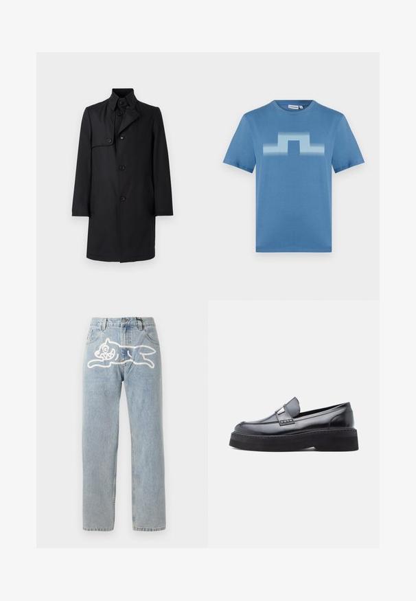 Sort trenchcoat med enstående krave, lukning med fem knapper, to sidelommer og en glat, glat stofstruktur.; Blå bomuld T-shirt med et gradient geometrisk mønster i lysere blå på forsiden. Korte ærmer og rund hals.; Lyselavendel denim jeans med en lige pasform, der har et stort hvidt grafik af en kat på ryggen. Klassisk fem-lommers design.; Sort laklæderloafer med rundet tå, dekorativ spænde detalje og en tyk sort platformsål, med glat og blank tekstur.