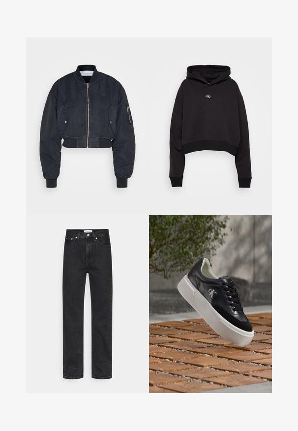 Calvin Klein Jeans Bombera - black; Čierna skrátená mikina s kapucňou vyrobená z mäkkej látky s prednou nášivkou loga, manžetami a spodným lemom s rebrovaním, a veľkou kapucňou.; Čierne denimové džínsy s rovnými nohavicami, s gombíkovým zapínaním, piatimi vreckami a minimálnymi švovými detailami. Materiál bohatý na bavlnu.; Čierna kožená teniska s bielou hrubou podrážkou a logom CK, vznášajúca sa nad vzorovanými drevenými dlaždicami vonku pri zelene a betónovej stene.