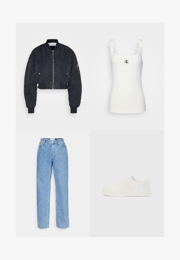 Calvin Klein Jeans Bomber-jakk - black; Valge puuvillane top, millel on ruudukujuline kaelus ja kitsad õlapaelad. Esipaneelil on väike must bordüüritud CK logo.; Heledad sinine teksapüksid sirge säärega, nupuga ja tõmblukuga lukuga, viis taskut ja keskmise kõrgusega vöökoht.; Valge madala lõikega toss, millel on paks tald ja külgmisel küljel "cK" logo, paelaeest kinnituv esiosa ning minimalistlik disain neutraalsel taustal.