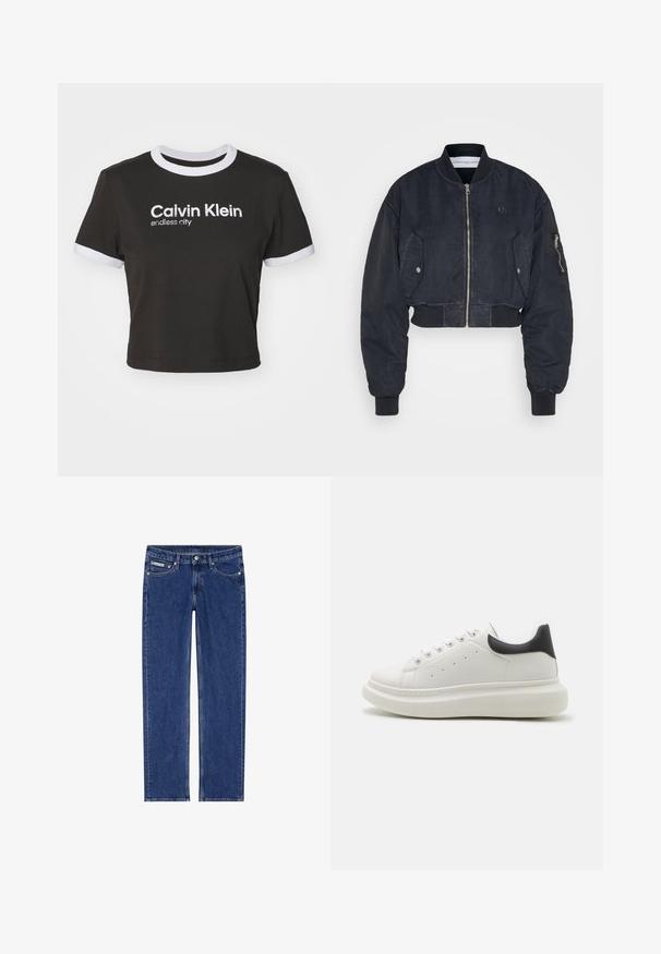 Calvin Klein Jeans Bombera - black; Ostrihnuté čierne tričko s bielym obšitím výstrihu a rukávov. Na tričku je vytlačené "Calvin Klein" a "endless city" v bielej farbe. Vyrobené z jemnej bavlny.; Tmavomodré džínsy s rovnými nohavicami, s piatimi vreckami, predným kovovým zapínaním a jemnými švovými detailami pozdĺž švov.; Biele tenisky s textúrovaným koženým zvrškom, okrúlym špičkou, kontrastným čiernym pätkou a hrubou, polstrovanou podrážkou. Má päť očiek.