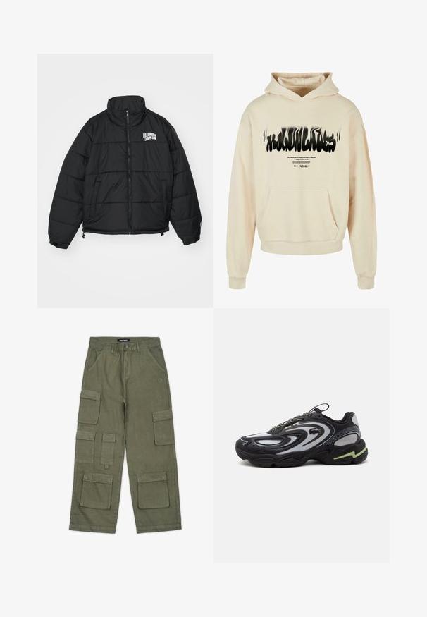 Zwarte pufferjas met een hoge kraag, ritssluiting, zijzakken en geborduurd "Billionaire Boys Club" logo op de borst.; Crème hoodie van zachte stof, met een voorzak, een capuchon met trekkoord en een vervormde zwartdruk op de voorkant.; Olijfgroene cargobroek van zacht materiaal met meerdere zakken, een rechte snit en gestikte details. Merkl logo op de tailleband.; Zwart-grijze Lacoste Storm 2K sneaker met golfpatronen, veterdesign en een dikke zool met een lichtgroene accent.