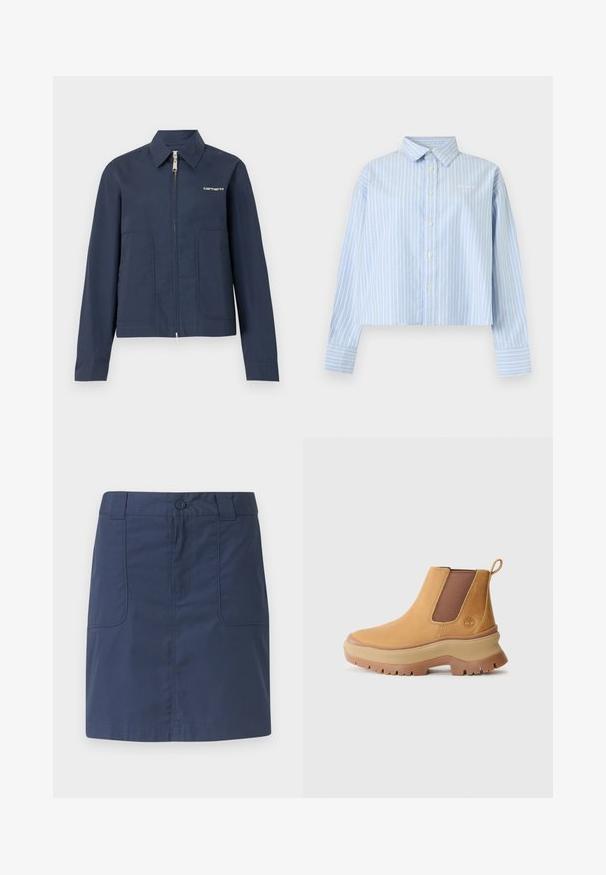 Marineblå Carhartt zip-up jakke med spids krave, lange ærmer, to forlommer og hvidt logo på venstre bryst.; Lyseblå skjorte med lange ærmer med hvide lodrette striber, krave, knaplukning foran og brede manchetter mod en ensfarvet baggrund.; Mørkeblå bomuldsskjørt med knapper foran og bæltestropper, udstyret med to store forlommer og lige kant.; Brune læder ankelstøvle med elastiske sidepaneler, afrundet tå og tyk gummisål med dyb profil; har en trækstrop bag på hælen.
