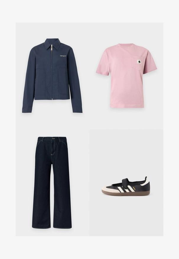 Μπλε σκούρο ζακέτα Carhartt με φερμουάρ, με μυτερό γιακά, μακριά μανίκια, δύο μπροστινές τσέπες και λευκό λογότυπο στο αριστερό στήθος.; Ανοιχτό ροζ κοντομάνικη μπλούζα με τσέπη στο αριστερό στήθος που έχει ένα μικρό λογότυπο της Carhartt.; Σκούρο μπλε τζιν παντελόνι με φαρδιά παντελονόρα, κουμπί μπροστά, ορατές ραφές και θηλιές για ζώνη, απεικονίζεται σε μονόχρωμο φόντο.; Μαύρο και μπεζ αθλητικό παπούτσι με λουράκι βέλκρο, τρεις λευκές ρίγες στο πλάι και υφασμένη καφέ πατούσα από καουτσούκ. Ορατό το λογότυπο της μάρκας.