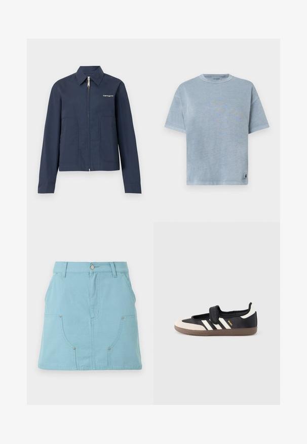 Μπλε σκούρο ζακέτα Carhartt με φερμουάρ, με μυτερό γιακά, μακριά μανίκια, δύο μπροστινές τσέπες και λευκό λογότυπο στο αριστερό στήθος.; Απαλή μπλε βαμβακερή μπλούζα με κοντά μανίκια, στρογγυλή λαιμόκοψη και ραμμένο στρίφωμα. Διαθέτει μια μικρή ετικέτα λογότυπου στην κάτω αριστερή πλευρά.; Φούστα Α γραμμής σε ανοιχτό γαλάζιο χρώμα με μπροστινές τσέπες, θηλιές για ζώνη και κούμπωμα με κουμπί στη μέση, παρουσιάζεται σε λευκό φόντο.; Μαύρο και μπεζ αθλητικό παπούτσι με λουράκι βέλκρο, τρεις λευκές ρίγες στο πλάι και υφασμένη καφέ πατούσα από καουτσούκ. Ορατό το λογότυπο της μάρκας.