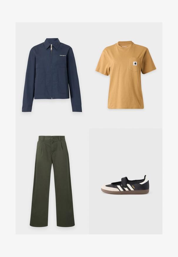 Μπλε σκούρο ζακέτα Carhartt με φερμουάρ, με μυτερό γιακά, μακριά μανίκια, δύο μπροστινές τσέπες και λευκό λογότυπο στο αριστερό στήθος.; Απλό καφέ κοντομάνικο μπλουζάκι με τσέπη στο στήθος που διαθέτει τετράγωνο λογότυπο της μάρκας, εμφανιζόμενο σε απλό ανοιχτό φόντο.; Ευθύγραμμο παντελόνι ελιάς με θηλιές για ζώνη, εμπρόσθιο κουμπί κλεισίματος και πλαϊνές τσέπες σε λευκό φόντο.; Μαύρο και μπεζ αθλητικό παπούτσι με λουράκι βέλκρο, τρεις λευκές ρίγες στο πλάι και υφασμένη καφέ πατούσα από καουτσούκ. Ορατό το λογότυπο της μάρκας.