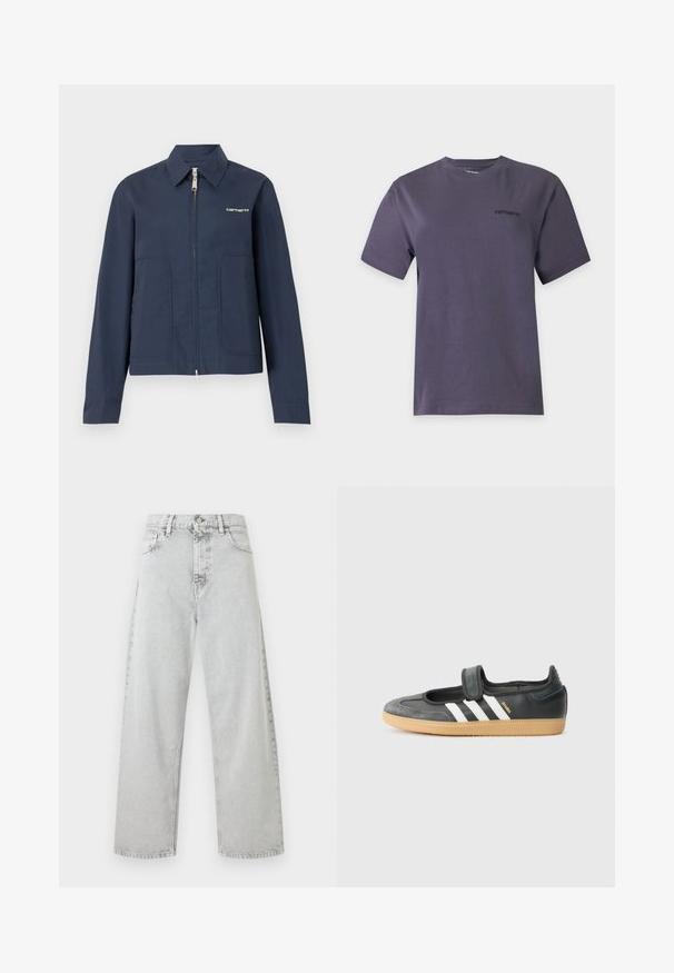 Μπλε σκούρο ζακέτα Carhartt με φερμουάρ, με μυτερό γιακά, μακριά μανίκια, δύο μπροστινές τσέπες και λευκό λογότυπο στο αριστερό στήθος.; Απλό σκούρο γκρι κοντομάνικο T-shirt με στρογγυλή λαιμόκοψη και μικρό μαύρο λογότυπο Carhartt στο πάνω αριστερό στήθος.; Υψηλόμεσα τζιν από ανοιχτό γκρι denim με ίσια γραμμή και μπροστινό κουμπί, φερμουάρ και σχεδιασμό με πέντε τσέπες.; Μαύρο δερμάτινο και σουέντ αθλητικό παπούτσι με ιμάντα Velcro, χαρακτηρισμένο από τρεις λευκές ρίγες και καουτσούκ σόλα, με την ένδειξη "SAMBA" στο πλάι.