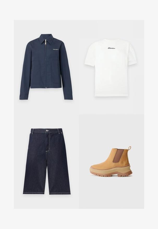 Marineblå Carhartt zip-up jakke med spids krave, lange ærmer, to forlommer og hvidt logo på venstre bryst.; Hvid t-shirt med korte ærmer og rund hals med lille sort "Dickies" logo centreret på brystet.; Mørkeblå denimshorts til knæet med bæltestropper, forreste knap og synlige hvide syninger.; Brune læder ankelstøvle med elastiske sidepaneler, afrundet tå og tyk gummisål med dyb profil; har en trækstrop bag på hælen.