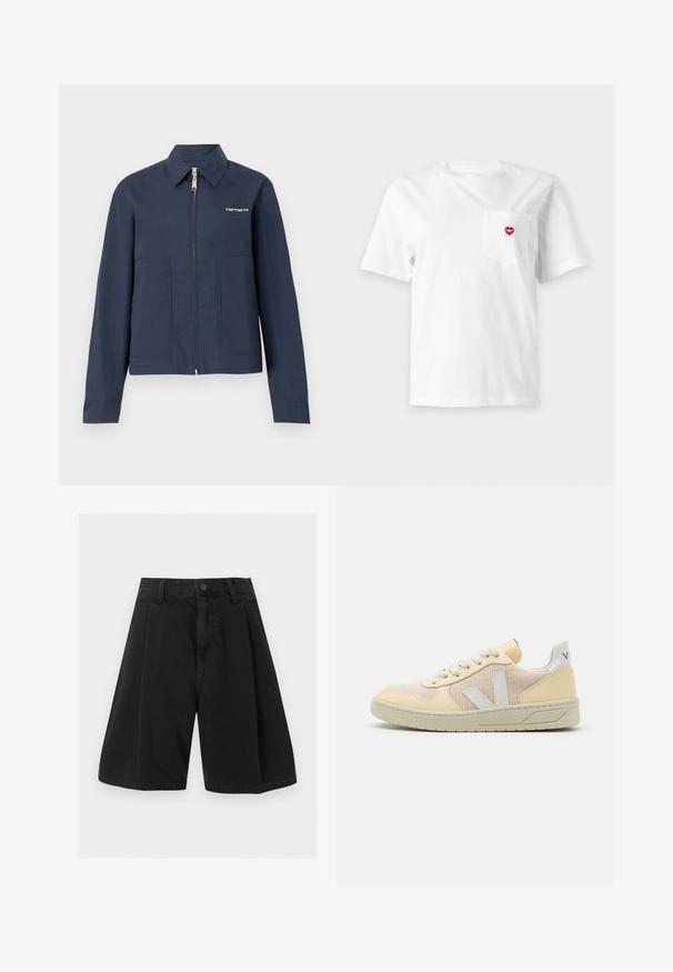 Μπλε σκούρο ζακέτα Carhartt με φερμουάρ, με μυτερό γιακά, μακριά μανίκια, δύο μπροστινές τσέπες και λευκό λογότυπο στο αριστερό στήθος.; Λευκό κοντομάνικο T-shirt με μικρή τσέπη στο στήθος που διαθέτει κόκκινο λογότυπο σε σχήμα καρδιάς σε ανοιχτό μονοχρωματικό φόντο.; Μαύρες βερμούδες τζιν με ψηλή μέση, θηλιές για ζώνη, κουμπί μπροστά, φερμουάρ και φαρδιά γραμμή.; Κίτρινα και μπεζ αθλητικά παπούτσια με πλέγμα επάνω μέρος, λευκές λεπτομέρειες με το γράμμα V, στρογγυλή μύτη, επίπεδη σόλα και ελαφριά κορδόνια. Απλός σχεδιασμός, ελάχιστες λεπτομέρειες.