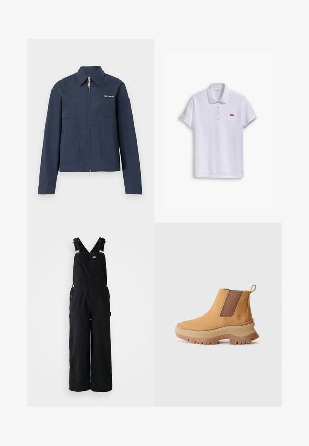 Marineblaue Carhartt Zip-up-Jacke mit spitzem Kragen, langen Ärmeln, zwei Fronttaschen und weißem Logo auf der linken Brust.; Weißes Polohemd aus Baumwolle mit einem klassischen Kragen, einer Dreiknopf-Leiste und einem kleinen roten Levi's-Logo auf der linken Brust.; Schwarze Denim-Latzhosen mit weitem Bein, verstellbaren Schulterriemen, Fronttasche und silbernen Hardware-Akzenten. Glatte Textur, minimalistisches Design.; Braunes Lederknöchelboot mit elastischen Seitenpanelen, rundem Zehenbereich und dicker Gummisohle mit tiefem Profil; verfügt über eine Zuglasche an der Ferse.